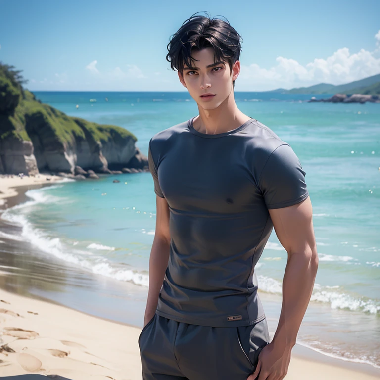 Change the background to the beach., realistic face, 8k, ultra realistic,Handsome young man,teenager,Take off your shirt.,lean skinny,Thai person,Wear sunglasses.,black panties