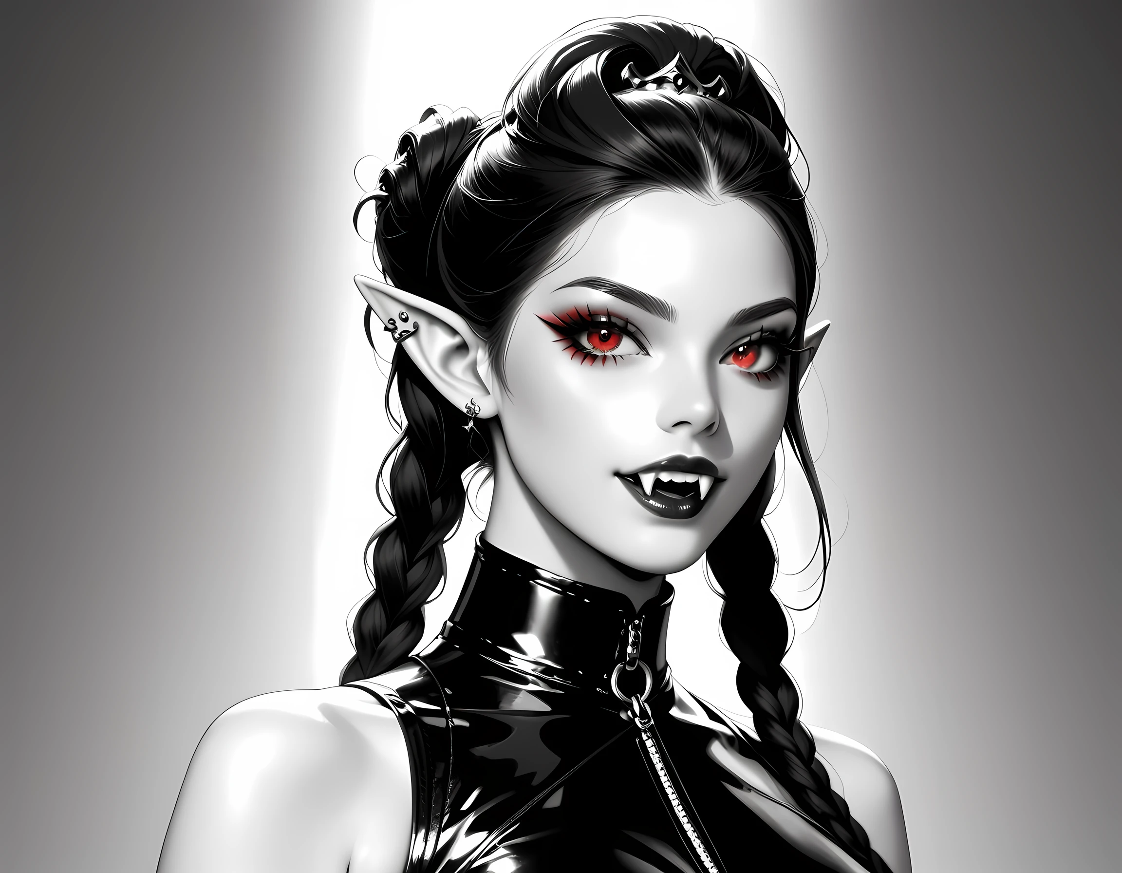 score_9, score_8_up, score_7_up, goth black and white anime portrait  (only colors red and black, pink: 1.4), a picture of a goth elf dominatrix queen , best detailed face, small elf ears, long braided hair, hair pulled back, red eyes, small pointed ears wearing latex pink mini dress, stockings, high heels, modern bedroom background, (black and white art: 1.5) mostly black and white, best details, best quality, 16k, masterpiece, best quality, (extremely detailed), ultra wide shot, photorealism, (only colors red and black), vampyfangs1, fantasy, Cinematic Shot