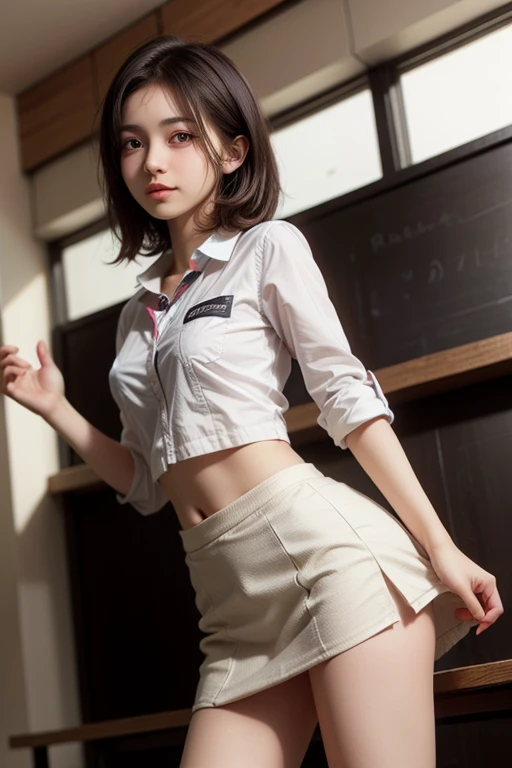 ((Tabletop, highest quality, High resolution, Hmph, Perfect Pixel,  4K, Hmph, Hmph))), One Girl, single, alone, Beauty、The whole body is visible、 ((Mid-wave hair, bangs, Brown Hair)), ((Brown eyes, Beautiful eyelashes, Realistic eyes)), ((Detailed face, Blushing:1.2)), ((Smooth texture:0.75, Realistic texture:0.65, Realistic:1.1, )), Medium chest, Dynamic Angle, Perfect body,  ((Red bow tie, , Black jacket, Open jacket, Brown cardigan, White shirt, Black Skirt, Checked skirt)), City stairs、Looking up from the bottom of the stairs、Very embarrassing panic smile, looked back、Leaning forward、(The wind blew up her skirt, exposing her buttocks..........................、Touch your buttocks with both hands、pink floral lace panties)、