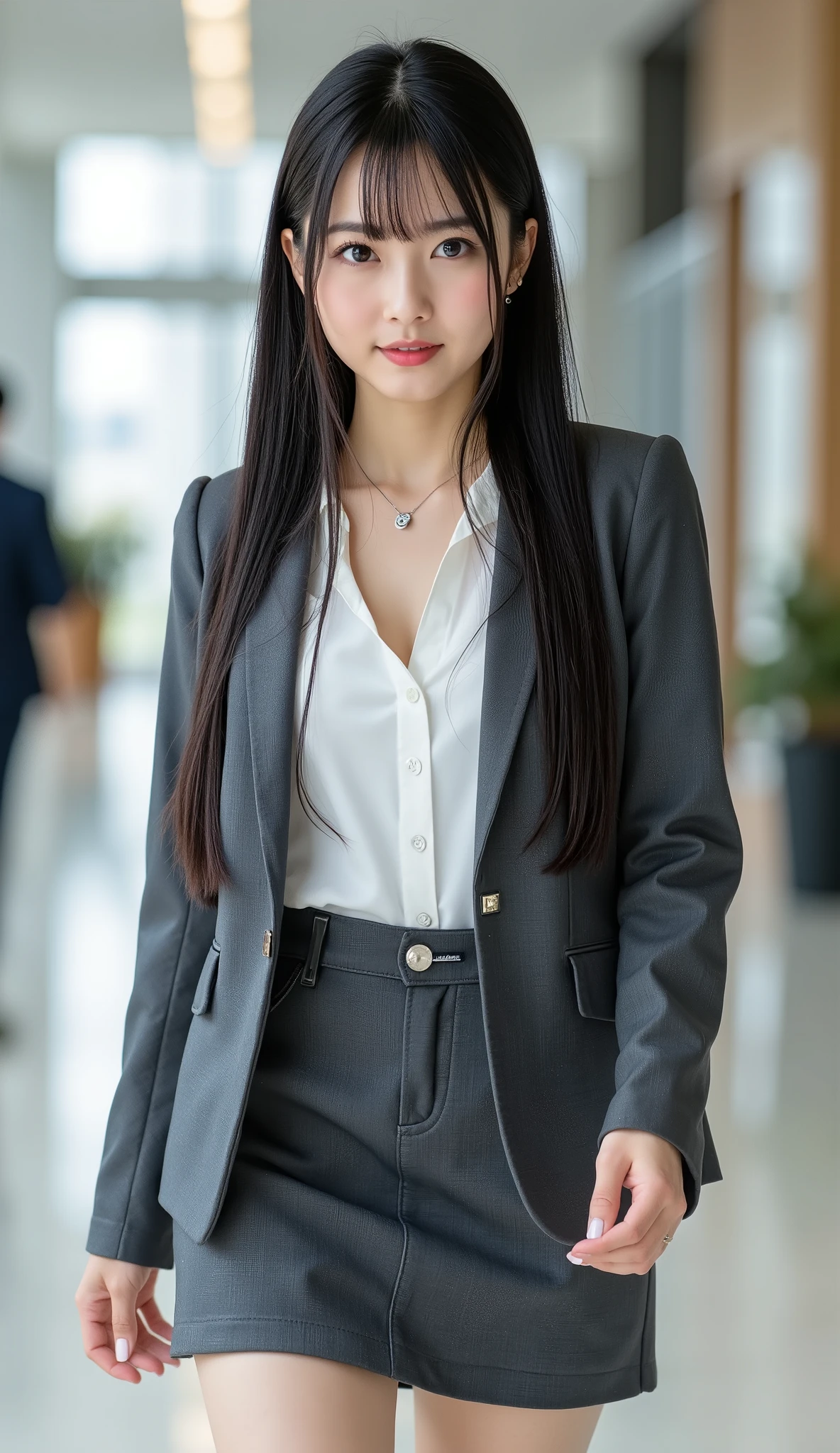 Top Quality, Sleek long black hair , professional office lady with long dark hair, model walk, detailed eye and skin texture, studio lighting for women, 30 years old, dark eyes, Elegant, medium breasts, plump lips, earrings, necklace for 1 person, Charcoal Tight Suit , white blouse, miniskirt, high heels, name tag, long sleeve, slight motion blur , light motion blur, side profile view, Composed, concentrated expression of the procedure, cowboy shot angle, full body