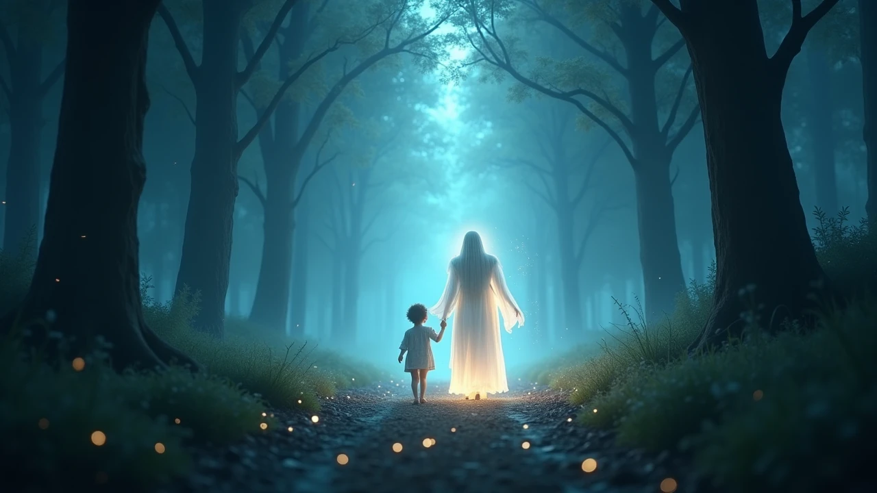 You can make a little boy in the cloudy forest with a small light and his mother by his invisible side