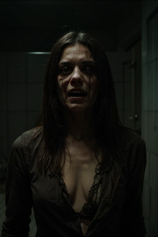 A dark, twisted, and unsettling portrait of Adult Alessa Gillespie from the Silent Hill movie, hyperrealistic, highly detailed, chiaroscuro lighting, dramatic shadows, haunting expression, porcelain skin, long black hair, tattered dress, scars, burns, dark circles under eyes, piercing gaze, ominous atmosphere, cinematic composition, moody color palette, muted tones, masterpiece, best quality, 4k, 8k, highres