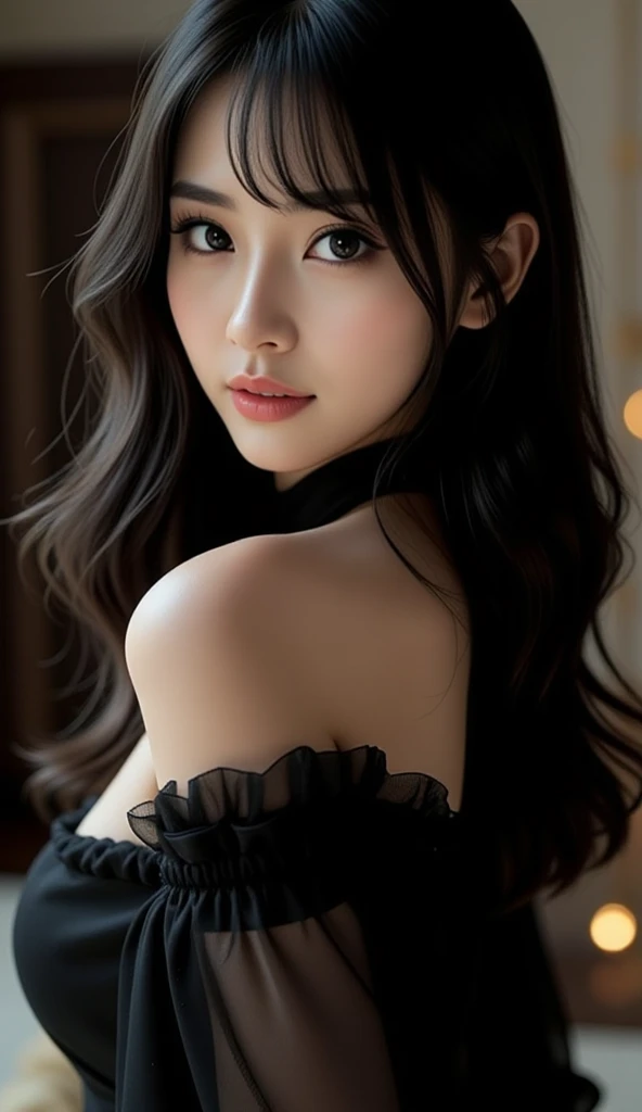 4K resolution,8K resolution,beautiful,Highest quality,Absolutely wonderful,Very detailed,Ultra-high resolution,masterpiece,Realistic,Realistic,Increased depth of field,Cinematic Light, One elegant mature woman, Long black hair,精巧なディテールのbeautiful顔,Face with a gentle expression,Transparent white skin,Very delicate skin texture,Great proportions,Glamorous Body,Anatomically correct body, High leg swimsuit,Gorgeous colors,Gorgeous and detailed pattern,Beautifully detailed pattern,Detailed cloth texture, Aesthetic Background, Dramatic Angle,