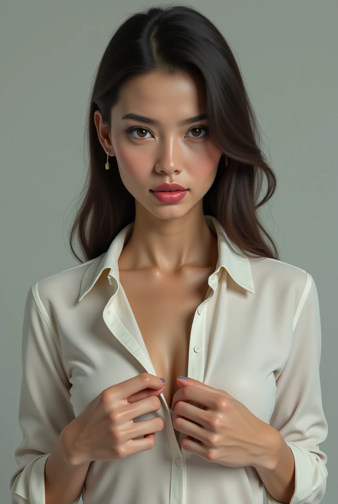 Masterpiece, an award winning portrait of a Asian 30 years old female beautiful business executive, ultra detailed face, ultra high detailed eyes, ultra realistic skin, (textured skin, skin pores, half body shot:1.1), brown skin,  long black hair, hair over one eye, brown eyes, dark eyes, thin eyebrows, perfect teeth, red lipstick, seductive makeup, Armani satin business shirt, 32K, ultra high res.photorealistic, UHD, Leica SL2 + Leica Vario-Elmarit-SL 24-70 f/2.8 ASPH, RAW, sharp ,natural lighting, a corporate photograph
