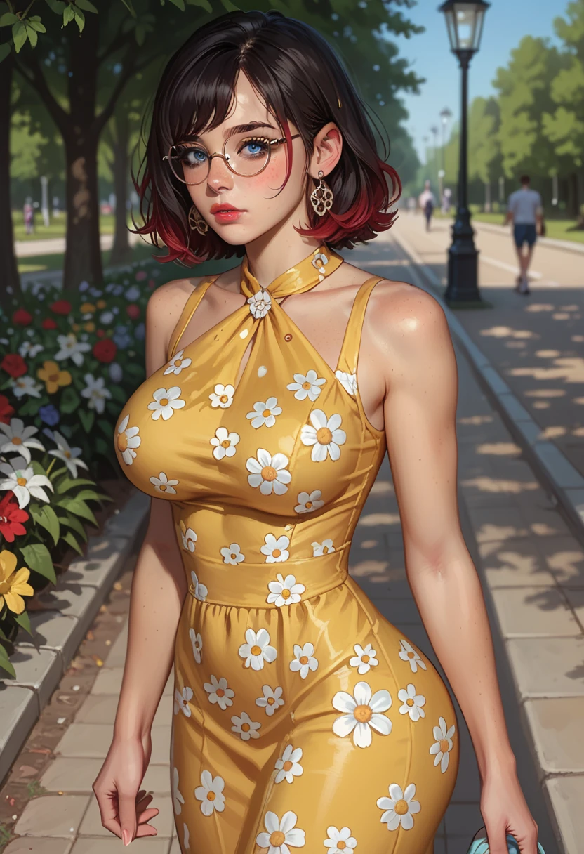 20 years old woman, Short brown hair, Méditerranéenne aux blue eye, Generous and heavy breasts, slender waist, estomac defini, fesses rebondies et pulpeuses, naturally curved, muscular thighs, aguicheuse, in a park, in a long floral dress , lunettes, earrings , blue eye, heels