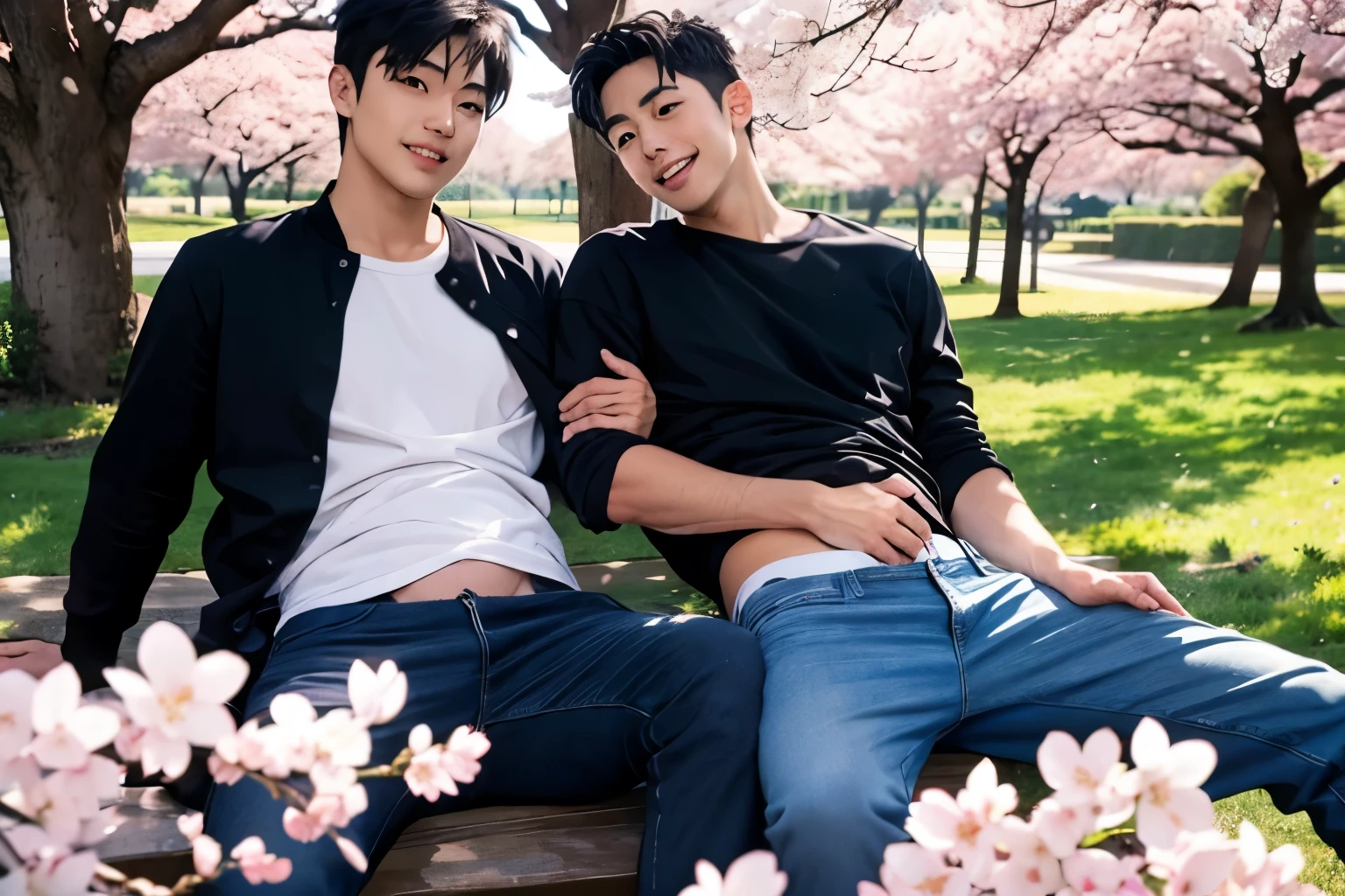 two Japanese men Two cute handsome very short black hair casual with short hem blue sky Cherry blossom trees in the background cherry blossoms in full bloom Mega Bulge opening sit with legs open Groping the crotch two men take off each other's clothes fun smile cute guys to each other