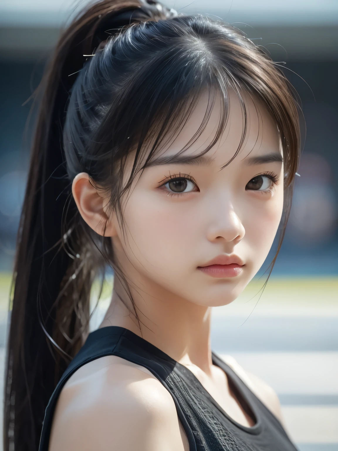 Sporty Girl, Dynamic Pictures , Black Hair, Long Hair, ponytail, bangs, Thready hairstyle/hair, Expressive Hair , Droopy eyes, Sad Eyes , Light-pigmented eyes, Drooping eyebrows, high definition, masterpiece, accurate, is anatomically correct, has won numerous awards, 最 high quality, high definition model, high detail, high quality, RETINA, textured skin , Ultra High Definition, very detailed, RAW Photos, 16k, 8k