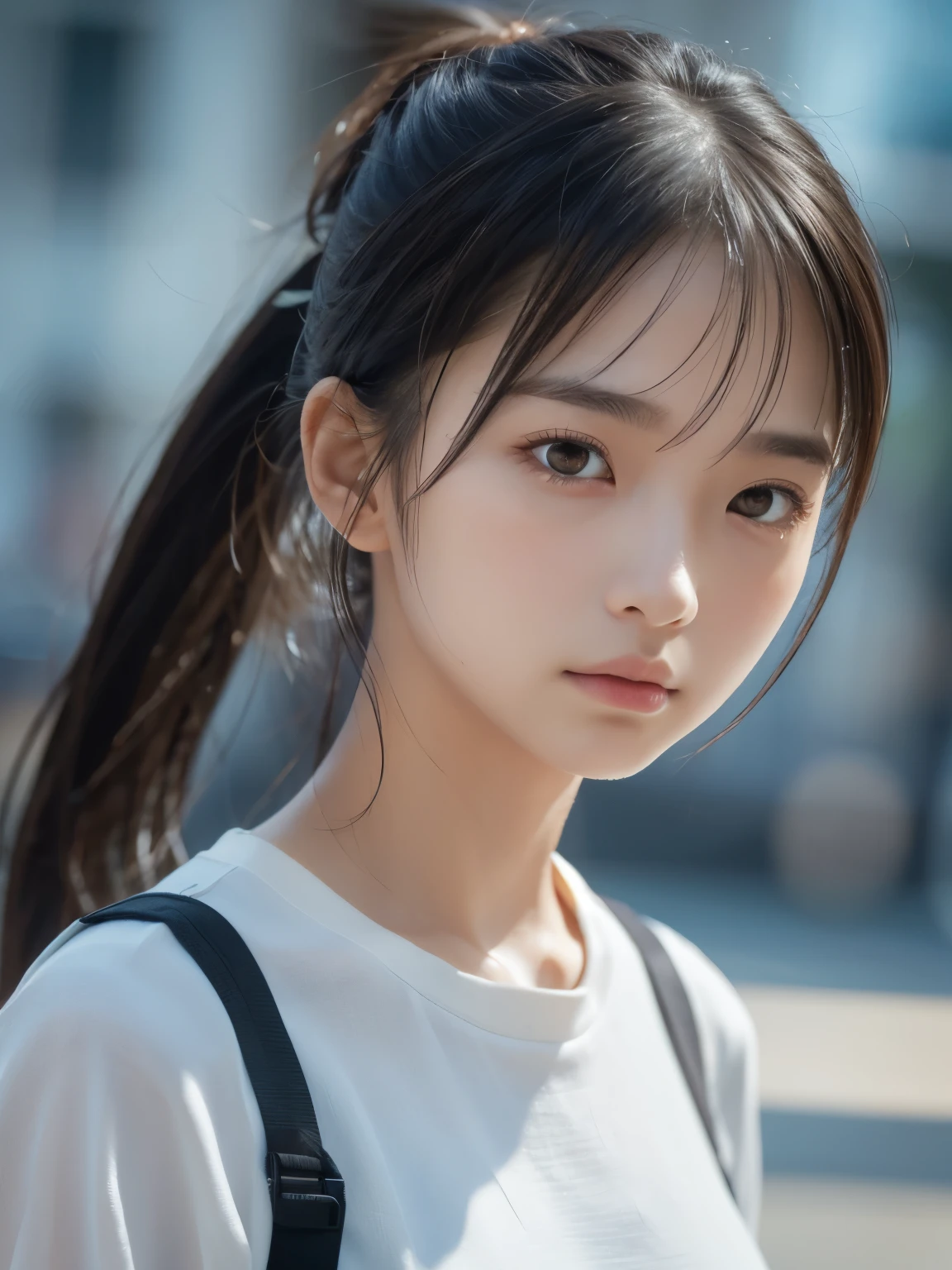 Sporty Girl, Dynamic Pictures , Black Hair, Long Hair, ponytail, bangs, Thready hairstyle/hair, Expressive Hair , Droopy eyes, Sad Eyes , Light-pigmented eyes, Drooping eyebrows, high definition, masterpiece, accurate, is anatomically correct, has won numerous awards, 最 high quality, high definition model, high detail, high quality, RETINA, textured skin , Ultra High Definition, very detailed, RAW Photos, 16k, 8k