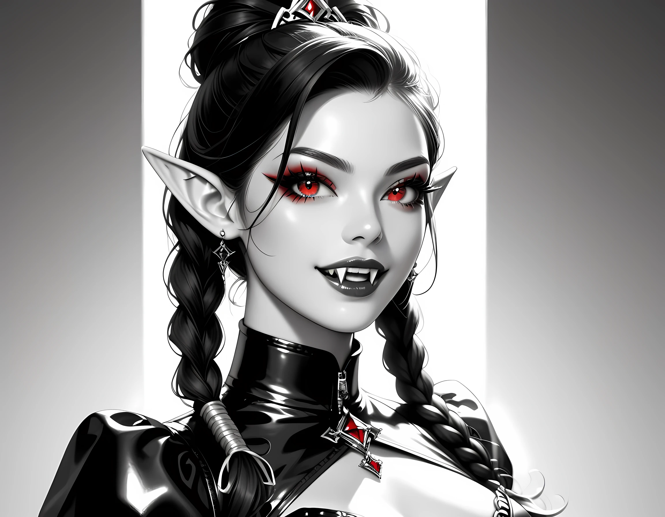 score_9, score_8_up, score_7_up, goth black and white anime portrait (only colors red and black and pink: 1.4), a picture of a goth elf dominatrix queen , best detailed face, small elf ears, long braided hair, hair pulled back, red eyes, small pointed ears wearing latex pink mini dress, stockings, high heels, modern bedroom background, (black and white art: 1.5) mostly black and white, best details, best quality, 16k, masterpiece, best quality, (extremely detailed), ultra wide shot, photorealism, (only colors red and black), vampyfangs1, fantasy, Cinematic Shot