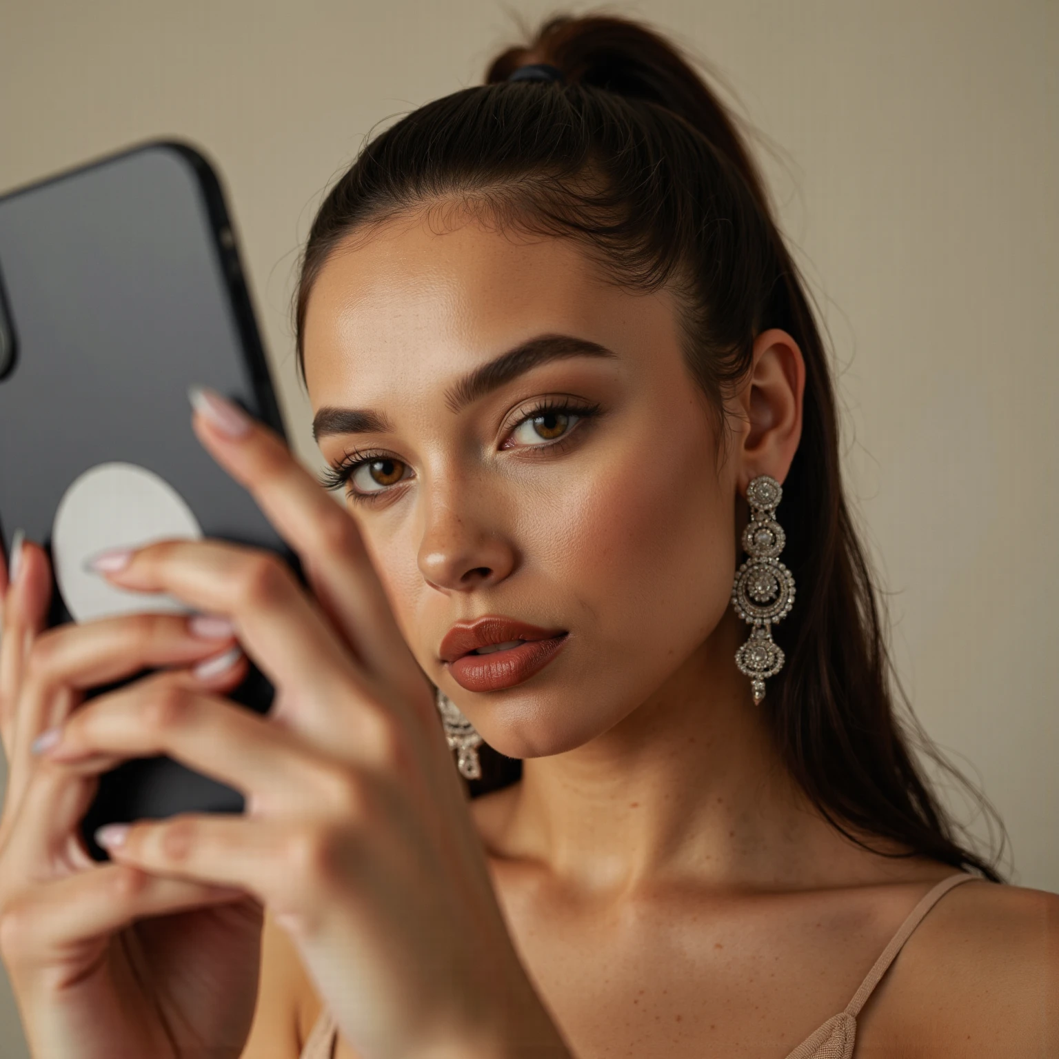 A beautiful Latina girl with light makeup, brown eyes, slightly wavy brown hair with a ponytail, bright lips and mascara, making a selfie and holding in her right hand a visible credit card, detailed face, realistic , photorealistic, portrait, high quality, 8k, ultra-detailed, vivid colors, professional lighting, natural lighting