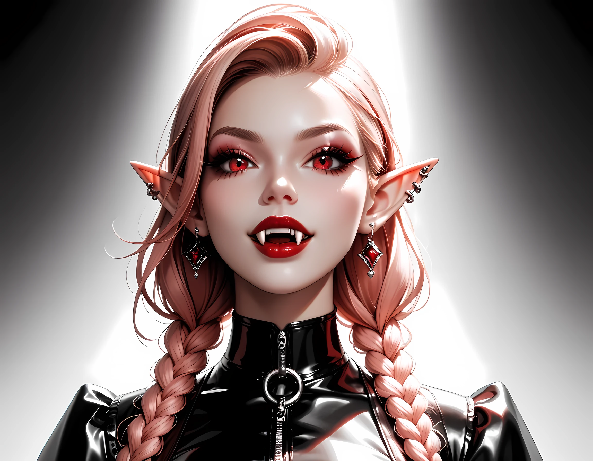 score_9, score_8_up, score_7_up, goth black and white anime portrait (only colors red and black and pink: 1.4), a picture of a goth elf dominatrix queen , best detailed face, small elf ears, long braided hair, hair pulled back, red eyes, small pointed ears wearing latex pink mini dress, stockings, high heels, modern bedroom background, (black and white art: 1.5) mostly black and white, best details, best quality, 16k, masterpiece, best quality, (extremely detailed), ultra wide shot, photorealism, (only colors red and black), vampyfangs1, fantasy, Cinematic Shot