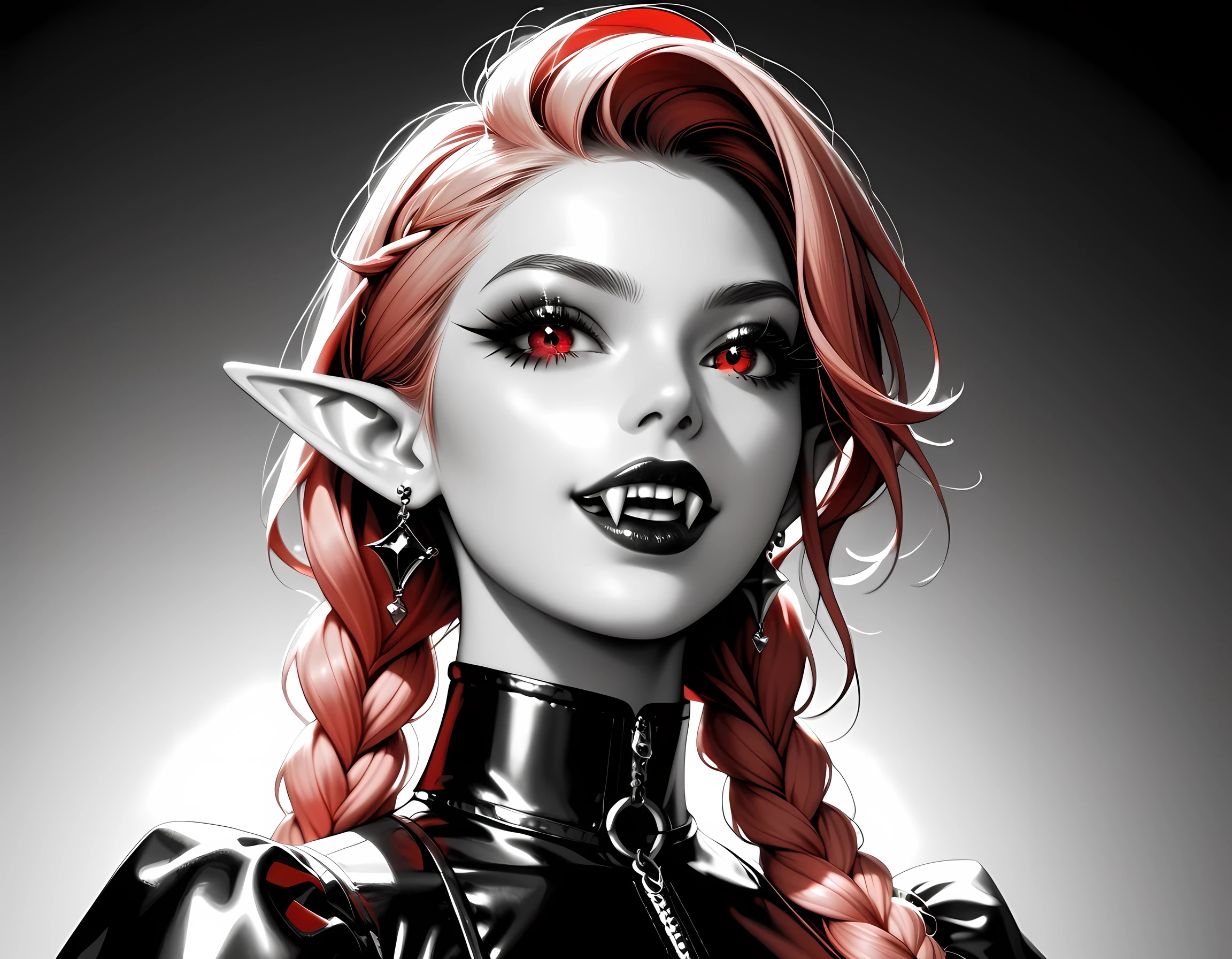 score_9, score_8_up, score_7_up, goth black and white anime portrait (only colors red and black and pink: 1.4), a picture of a goth elf dominatrix queen , best detailed face, small elf ears, long braided hair, hair pulled back, red eyes, small pointed ears wearing latex pink mini dress, stockings, high heels, modern bedroom background, (black and white art: 1.5) mostly black and white, best details, best quality, 16k, masterpiece, best quality, (extremely detailed), ultra wide shot, photorealism, (only colors red and black), vampyfangs1, fantasy, Cinematic Shot
