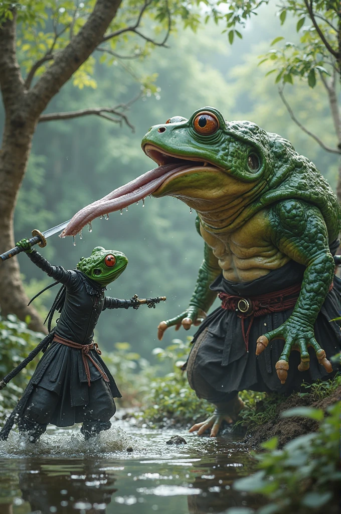 侍蛙の長い舌を、忍者バッタが刀で切り落とす - SeaArt AI