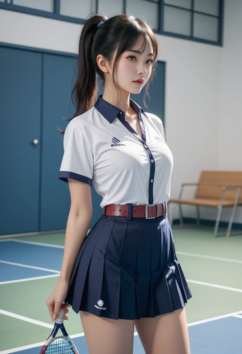 4k, best quality, realistic, detailed,A super beautiful female student warming up in her school gym uniform and bloomers, with incredibly large saggy breasts but a firm and extremely shapely body, the shape of her erect nipples clearly visible, ponytail, sweat, sweat-soaked gym uniform, school gymnasium