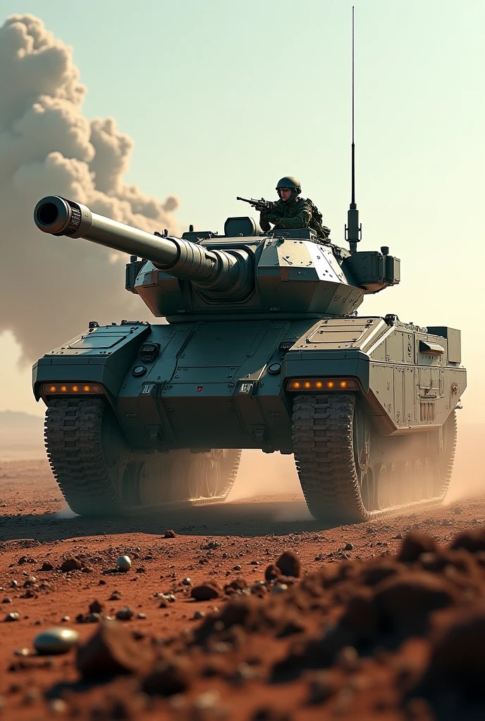 futuristic automaton armored tank in advance tech warzone, apocalyptic battlefield, debris and explosions