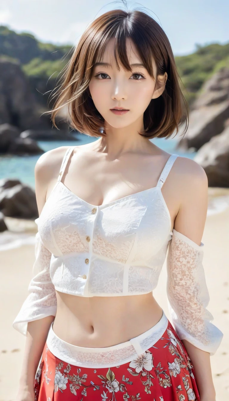 (outdoor, in the desert:1.5), {jananese girl, 20yo girl}, {full body shot:1.4, wideangle shot}, beautiful detailed eyes, beautiful detailed lips, extremely detailed eyes and face, long eyelashes, 1girl, beautiful japanese girl, short hair, smiling, More skin, look, Brown eyes, (Best image quality:1.0), (Ultra-high resolution:1.0), 8k, RAW Photos, (masterpiece), (full body shot, wide angle), Thin eyebrows, Fine ears, Detailed nose, Mouth Details, {nsfw:1.3, see-through, open chest, wearing Wrap top:1.4, wearing Wrap skirt, see-through, panty, white, black, red }