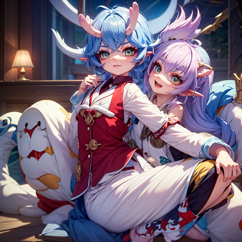 Melhor qualidade, HD, detalhado, 1pessoa, androgynous, cabelo branco longo, cabelo entre os olhos, accessories in blue and pink color, olhos vermelhos, estilo sylveon pokemon