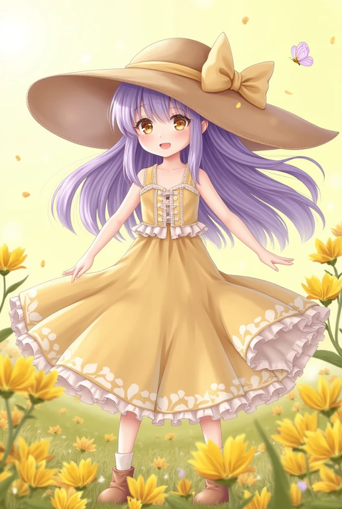女の子1人、blue ribbons、鎖骨、florals、Hats、Windy, That's why I'm wearing a hat、Yawning face、Longer dress、length hair、purple color hair、bow ribbon、Sleeveless、a straw fedora hat、Eye Up、yellow eyes、yellow flower、There is a flower in the foreground、Petals are fluttering、butterflys々is flying、kawaii pose、I'm wearing cute boots