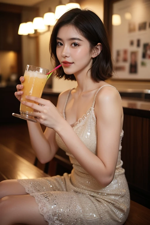 ((extreme close up)), side view, watching camera, A sophisticated bar setting exudes an atmospheric glow, featuring stylish dim lighting and a cozy ambiance. In sharp focus, a thin Japanese actress in her 20s, with tied medium, loosely curled brown hair, sits on a bar stool. Dressed in a white plunging neckline tight long dress, licking a short tail. inviting me to drink together, The scene captures an elegant, intimate mood, enriched by warm lighting and rich textures, creating a masterpiece of visual allure., from side, UHD, masterpiece, anatomically correct, textured skin, super detail, nippp