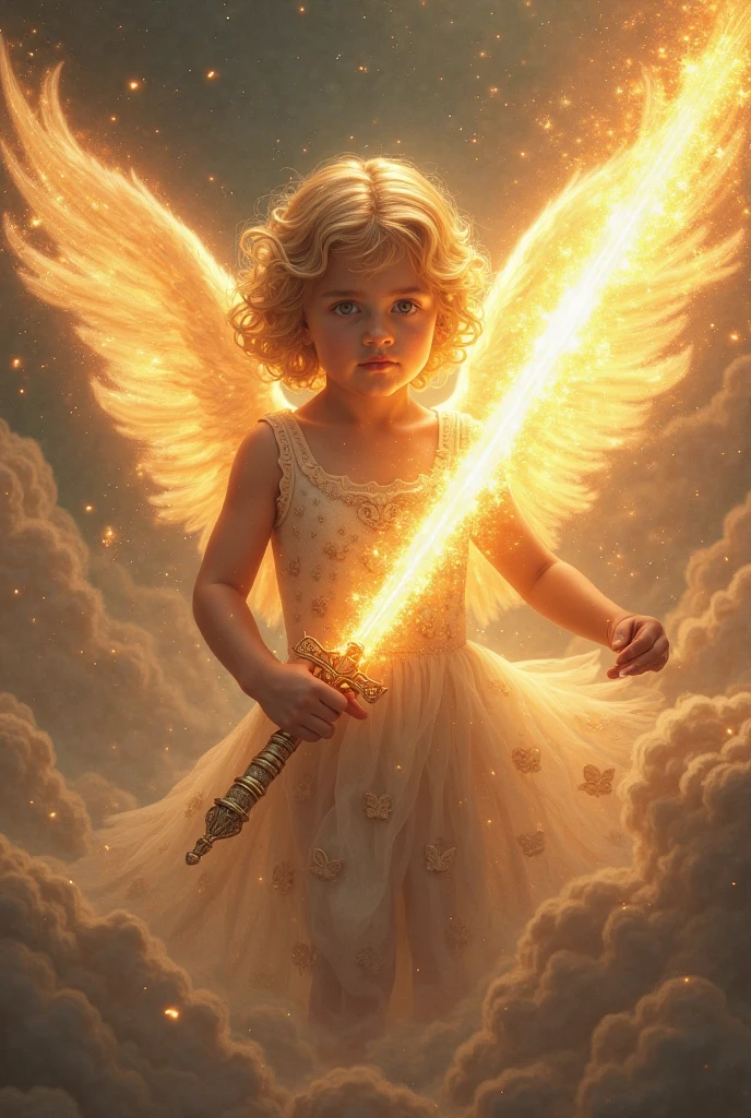 best quality, 4k, (sharp focus: 1.1), realistic detail, angel CHILD with blonde hair, fantasy, fantasy portrait, fire, (wings made of fire: 1.3), gun made of fire, white and gold metal armor engraved, halo made of fire, night sky,