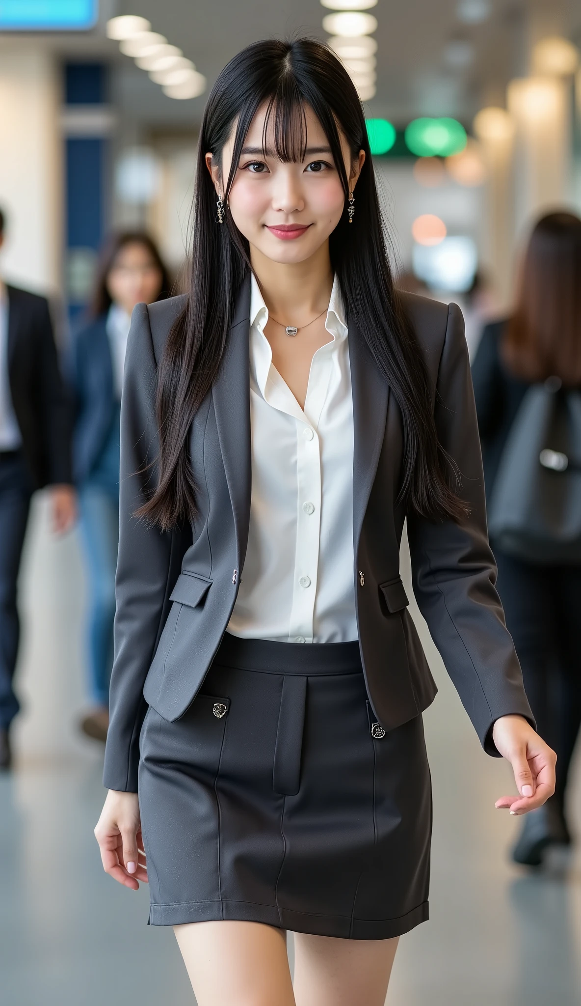 Top Quality, ((full body image)), Sleek long black hair , professional office lady with long dark hair, model walk, detailed eye and skin texture, studio lighting for women, 30 years old, dark eyes, Elegant, medium breasts, plump lips, earrings, necklace for 1 person, Charcoal Tight Suit , white blouse, miniskirt, high heels, name tag, long sleeve, slight motion blur , light motion blur, side profile view, Composed, concentrated expression of the procedure, cowboy shot angle, full body