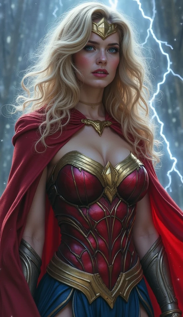 (masterpiece, photorealistic:1.4, extremely intricate:1.3), (photon mapping, radiosity, physically based rendering, ultra resolution, hyper-realistic, photorealistic:1.4, hyper-realistic, 8K), muscular girl, ((red velvet cape cloak, chrome perfectchainmail armor:1.0, ([flat chest:medium breasts:0.6], portrait, upper body, (humid, humid cleavage)))), metal reflections, walking outdoors, intense sunlight, far away waterfall castle, professional photograph of a stunning woman, (short undercut blonde curly shaved hair, dynamic pose), sharp focus, dramatic, award winning, cinematic lighting, (film grain, bokeh, interaction, sunrise)

