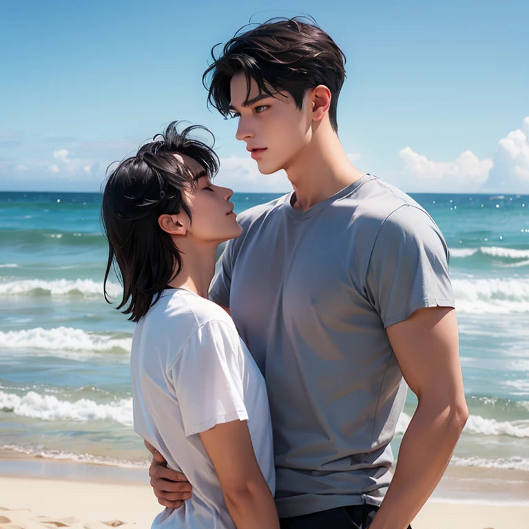 couple photo, korean handsome man 20-year-old Korean man with pale skin, small facial structure, defined jawline, prominently full lips, intense black eyes, distinguished bangs covering the forehead, noticeably broad shoulders, standing at 1.80m, showcasing his athletic build, reminiscent of Jungkook in the sea of Copacabana, next to a blonde asian woman smiling, 3 months pregnant