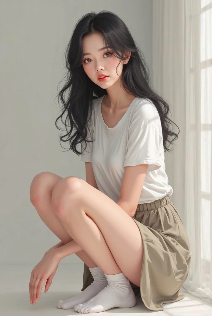 araffed woman sitting on a counter in a kitchen with a stove, korean girl, ulzzang, in white clothes, korean women's fashion model, white clothes, asian girl with long hair, with long hair, guweiz, [ realistic photography ], realistic. cheng yi, smooth white tight clothes suit, photo of slim girl model, white long straight hair