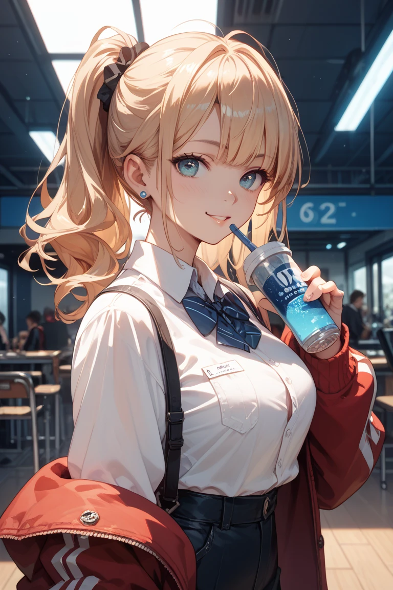 Beautiful modern fashion girl drinks Coca-Cola, cinematic style,8k resolution, soft lighting,super details of skin and hair texture, eyeballs,nase, mouth are realistic details,hair blonde; dynamics, bonitsa, anime 4k, dressed in school clothes