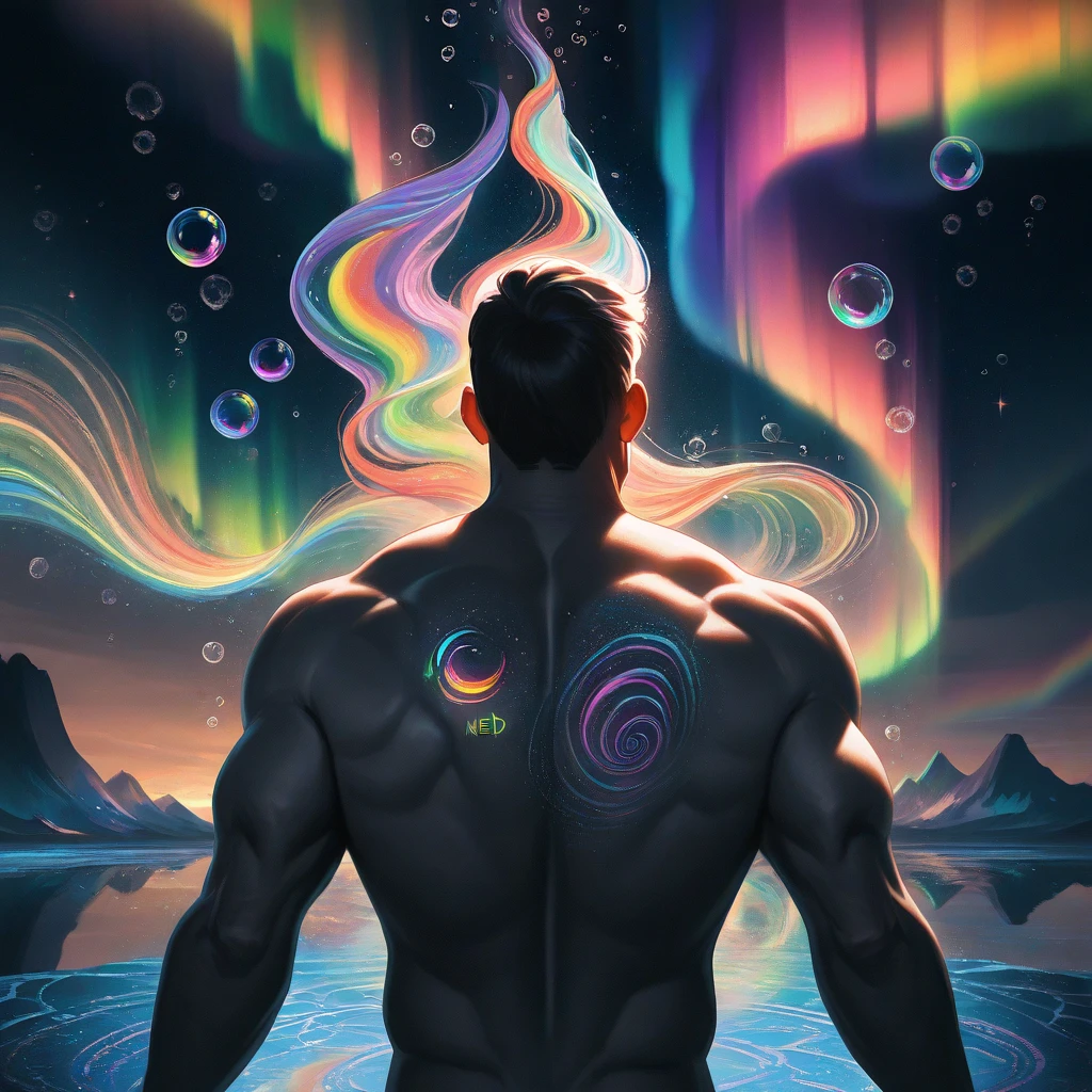 Vivid colors radiate from the glass sphere, Partially submerged in water, night, performer