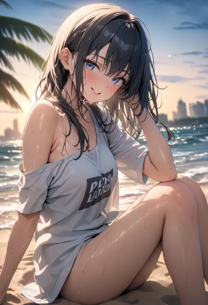 (official art、highest quality、Unity 8K 壁紙、32K、masterpiece、Super detailed、超A high resolution、realistic、Photoreal:1.2)、(natural soft light:1.2)、fire glow effect、film grain、best shadow、rim lighting、side light、side shot、(Highly detailed and complex 3D rendering)、詳細なbeautiful faceと目、sharp pupils、Real students、whole body, sandy beach、beautiful face、blurred background、18 year old beautiful girl、shiny skin、Beautiful wet black hair、I pulled up my wet shirt、Wet pink checked miniskirt、(thighs thighs:0.9)、barefoot、curve、dynamic pose、smile with open mouth、(beautiful breasts:0.9)、I can see white pants、(transparent nipples)、((On the beach on Oahu in midsummer))、((10 years old))
