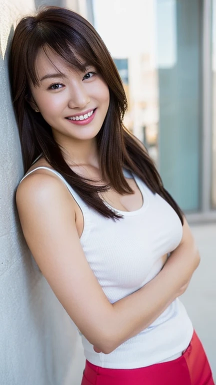 Gorgeous Woman , masterpiece, Highest quality, (Realistic:1.4), (White tank top:1.1), (Blue Jeans:1.2), Heel, sunny day, Beautiful woman, Skinny body, Small breasts, Straight dark brown hair, Detailed face, Big Eyes、smile, To the camera, Photo taken from a distance, 20-year-old,