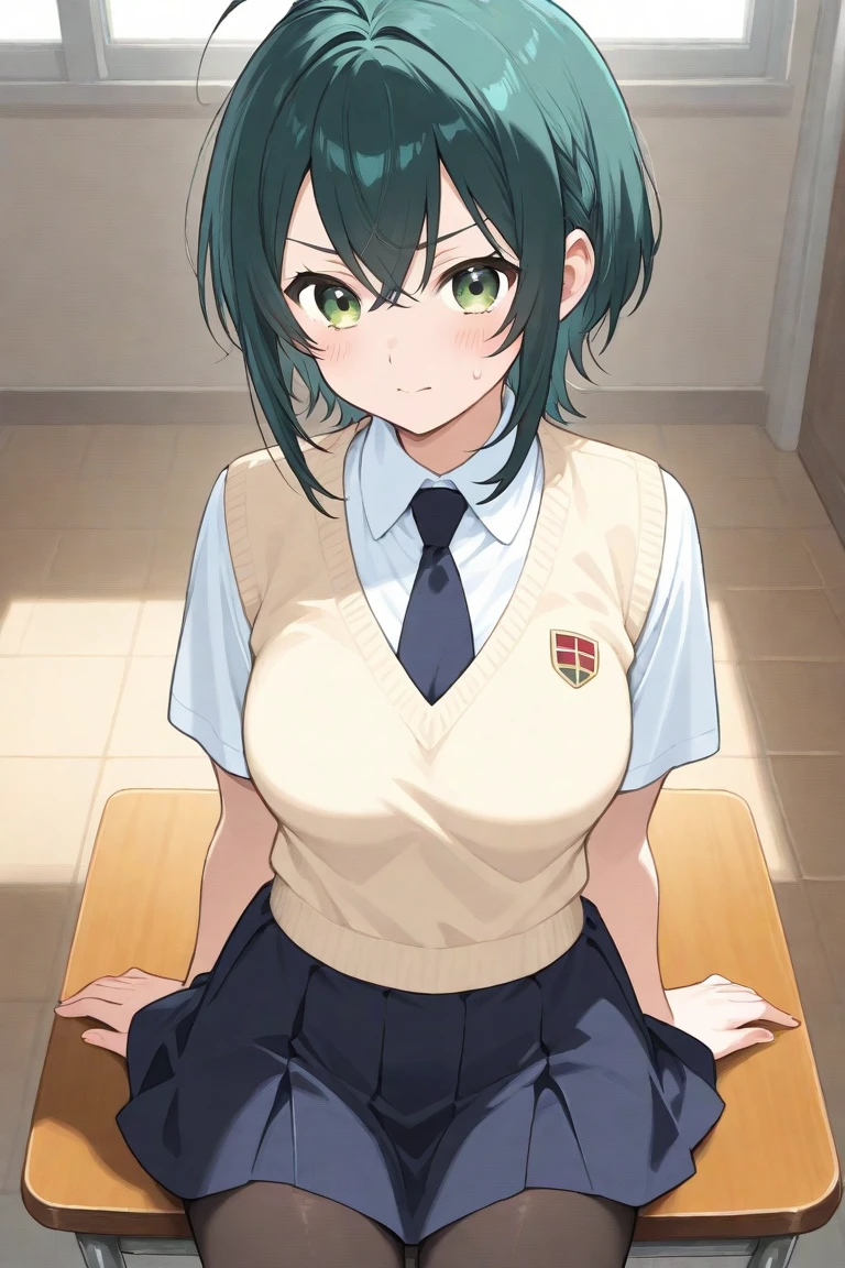 naomidorikawa, Nao Midorikawa, short hair, (Green Eyes:1.3), ponytail, Green Hair, ribbon, hair ribbon, smile,
break skirt, , tie, Rolled up my sleeves, Sweater vest, green tie, nanairogaoka middle ,Thighs、(((Panty shot、Skirt lifted、Cute white panties)))、座る
break indoors,classroom,
break looking at viewer, Dynamic pose,
break (masterpiece:1.2), Highest quality, High resolution, unity 8k wallpaper, (figure:0.8), (Beautiful attention to detail:1.6), Highly detailed face, Perfect lighting, Highly detailed CG, (Perfect hands, Perfect Anatomy),