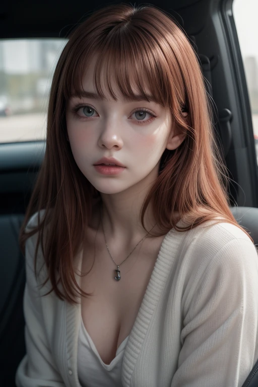 8k, RAW Photography, portlate,profile、 top-quality, 超A high resolution、curly hair、piercings、Photorealsitic, 女の子1人, full bodyesbian, redhair, Green eyes、a necklace, a smile, eye lashes, 电影灯光, depth of fields, lensflare、The shirt