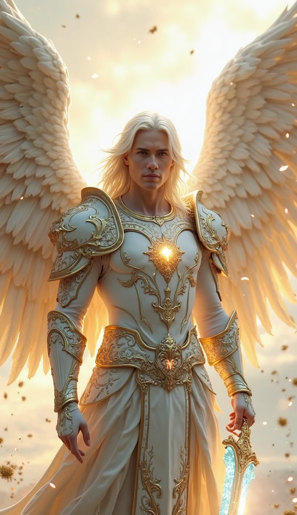 (close-up:1.5),muscle,menstoga,in white and gold costume, male focus, solo, 1boy, (bare shoulders),looking at viewer, ice blue eyes,nude,(Seraphim:1.5), (multiple wings:1.5), in the sky, (floating:1.3), (midair:1.5), cloudan with wings), angel wings, glowing, bloom, platinum hair, outdoors, stars,golden feathers, (gold magic swirling),(Masculine face:1.2)