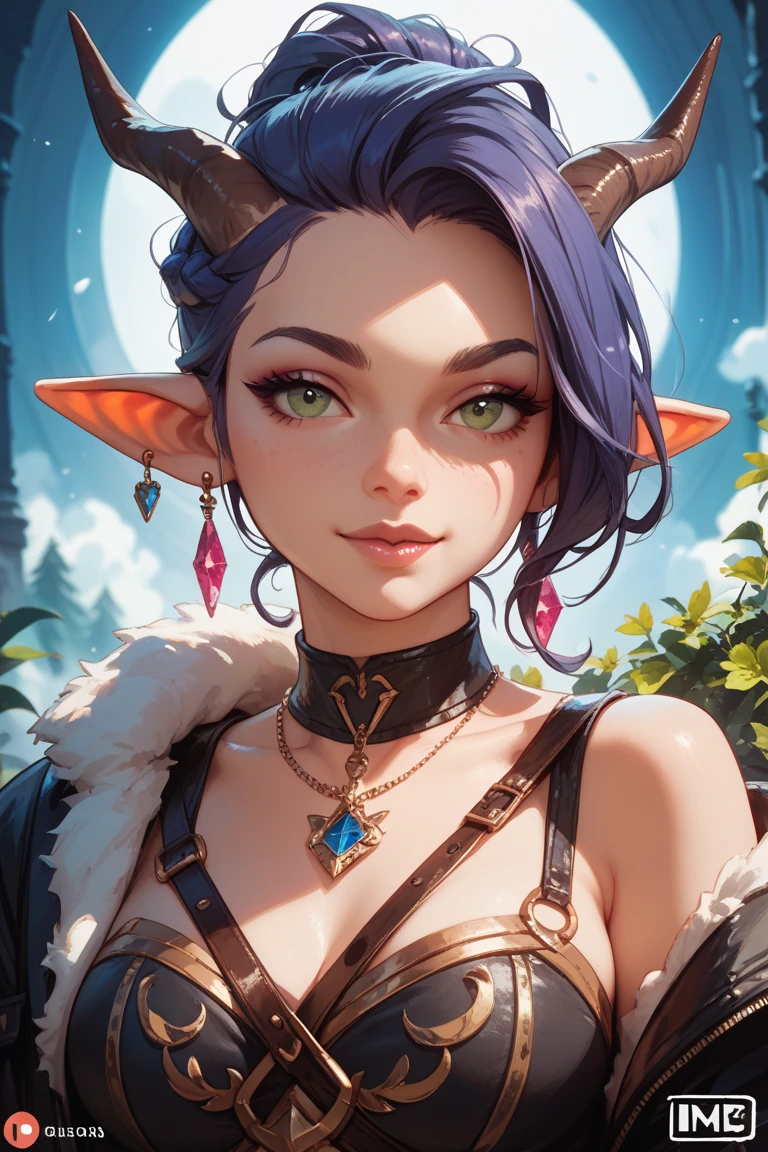 DaJi,purple hair,facial mark,pointy ears,purple eyes,lipstick,twin braids,earrings,jewelry,thighhighs,black thong,detached sleeves,see-through attire,cleavage cutout,hat with hair ornament,neck collar,solo,happy,upper body,standing,
battlefield,dusk,stars,night,(insanely detailed, beautiful detailed face, masterpiece, best quality) navel,<lora:DaJi-11WWv8:0.8>,smile,