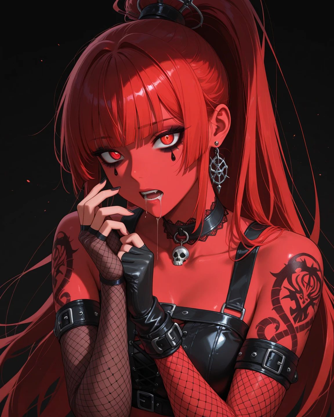 woman, curly red hair in pig tails, green eyes, eye shadow, long black jacket, red plaid skirt, black finger-less gloves, exposed shoulders, large breasts, freckles, cleavage, fishnet undershirt, looking at viewer, Holo-Punk Style, goth, earrings, eyelashes, jewelry, lips, makeup, solo, tattoo, punk aesthetic, foreshortening, cinematic lighting, masterpiece, best quality