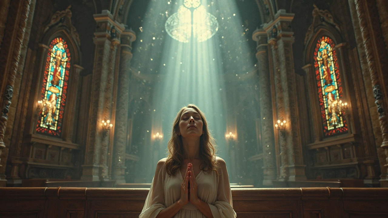 Queen Esther praying on her knees with her hands to the heavens and a light from heaven shining upon her