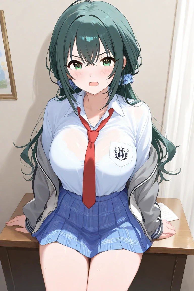masterpiece,beautiful,extremely detailed face,linghan3,1girl,solo,parted bangs,forehead mark,looking at viewer,barefoot,seductive smile,close-up,green eye,<lora:add_detail1:0.5>,huge breasts,spread legs,head wreath,parted bangs,(school uniforms:1.2),(school:1.4),classroom,tables and chairs,sit,