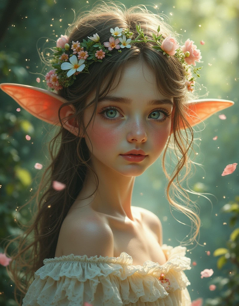 Super detail beautiful elf-girl 20 years old. wearing a flower crown of mainly small Daisies, Torso visible, light transparent cotton top, UHD, 4k, 8k, cinematic