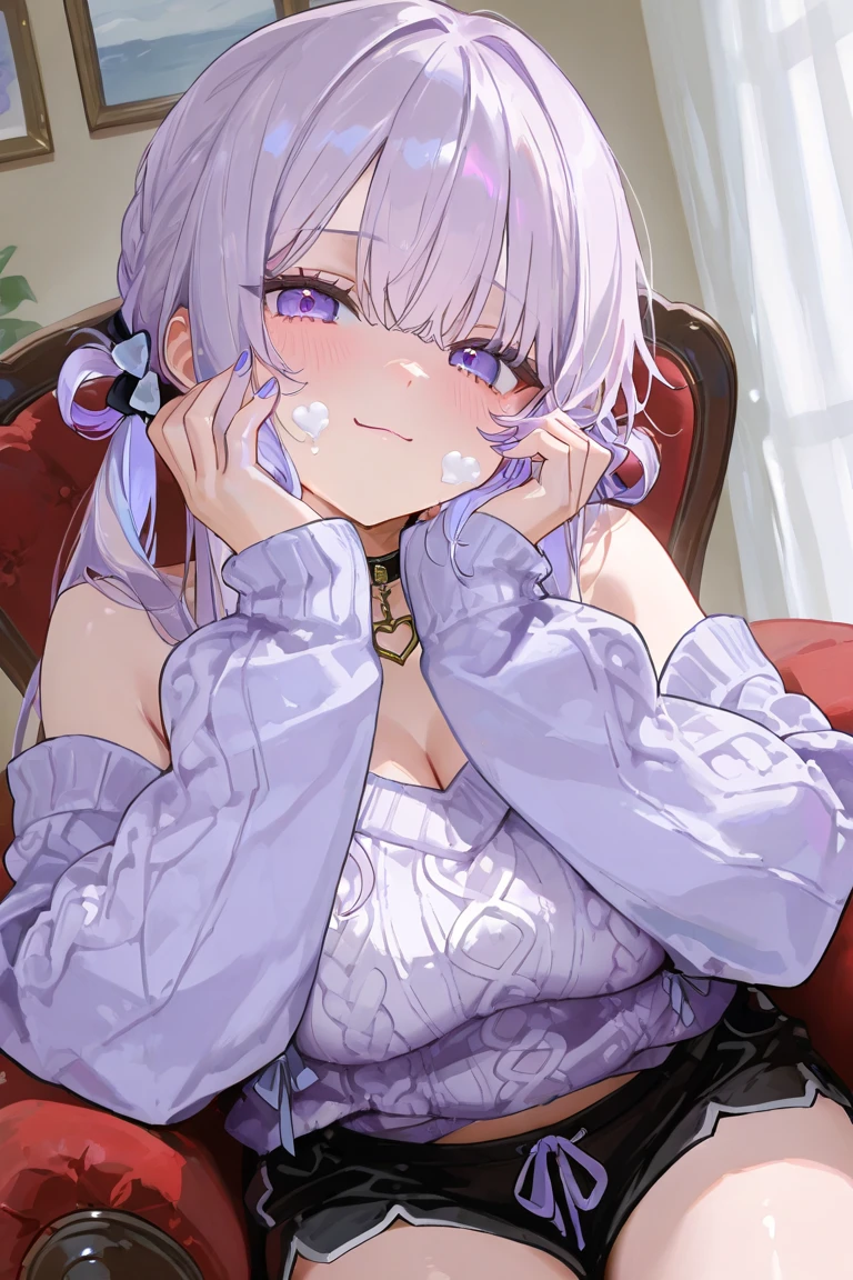 (masterpiece), best quality, expressive eyes, perfect face,detail eyes,4k,'Score_9, score_8, score_7_up,1girl, good hand,solo,
Kiana Kaslana ,(Honkai Impact 3rd), Messy hair,symbol-shaped pupils, hair ornament, ahoge, very long hair, purple eyes,White hair , large breast,athletic body,pink lips,pajamas,
Living room scenery, Sitting,low light , from above, looking at viewer , close up, open mouth, Saliva, Saliva trail,tongue out ,body heat, Breathing heavily ,