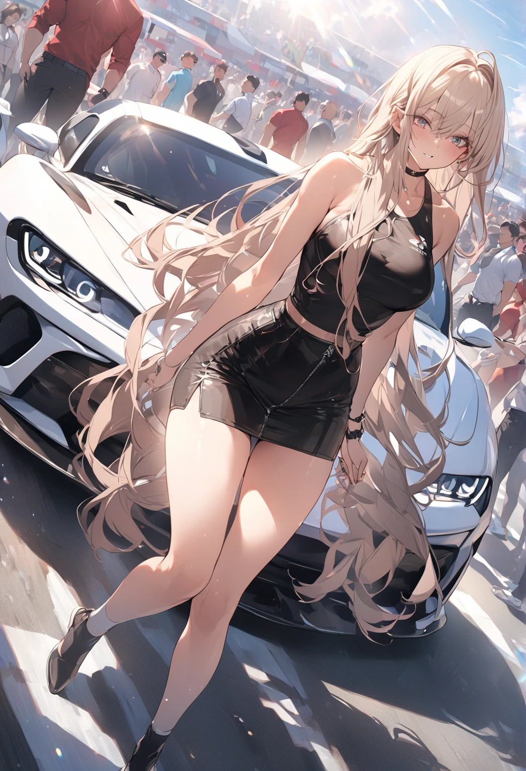 Highest quality, Highest quality, 16K, Unbelievably absurd, Very detailed, 2.5D, delicate and dynamic,woman,22 years old,Private Server,Elegance,Shiny Hair,smile,cute,car,Car chase