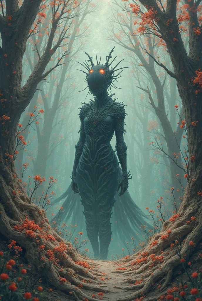 an orchard with live sinister bloodthirsty lifes, ancient trees at the stage of radioactive half-life,trap against fairies between trees,steampunk dark horror fantasy, young graphite witch made of dead plants , radioactive atmosphere,charcoal abandoned mechanical clockwork Spaceship, ominous landscapes,large number of stars fly towards the viewer,radioactive world,ruined theme,lots of toxic dust,amazon,full body length,once pretty face,full body length, eerie atmosphere, ethereal presence, toxic mists, supernatural entities, sinister aura, dark and twisted branches, macabre elements, eerie and ominous lighting,Complicated detail,captivating creation,After tsunamis,like Stone Forest in Yunnan Province of China,Simon Stalenhag,Nicola Samori,Wangechi Mutu,intricate details,extremely detailed,masterpiece,intricate details,eyes extremely detailed, high detailed eyes,32k resolution, Nikon Z9