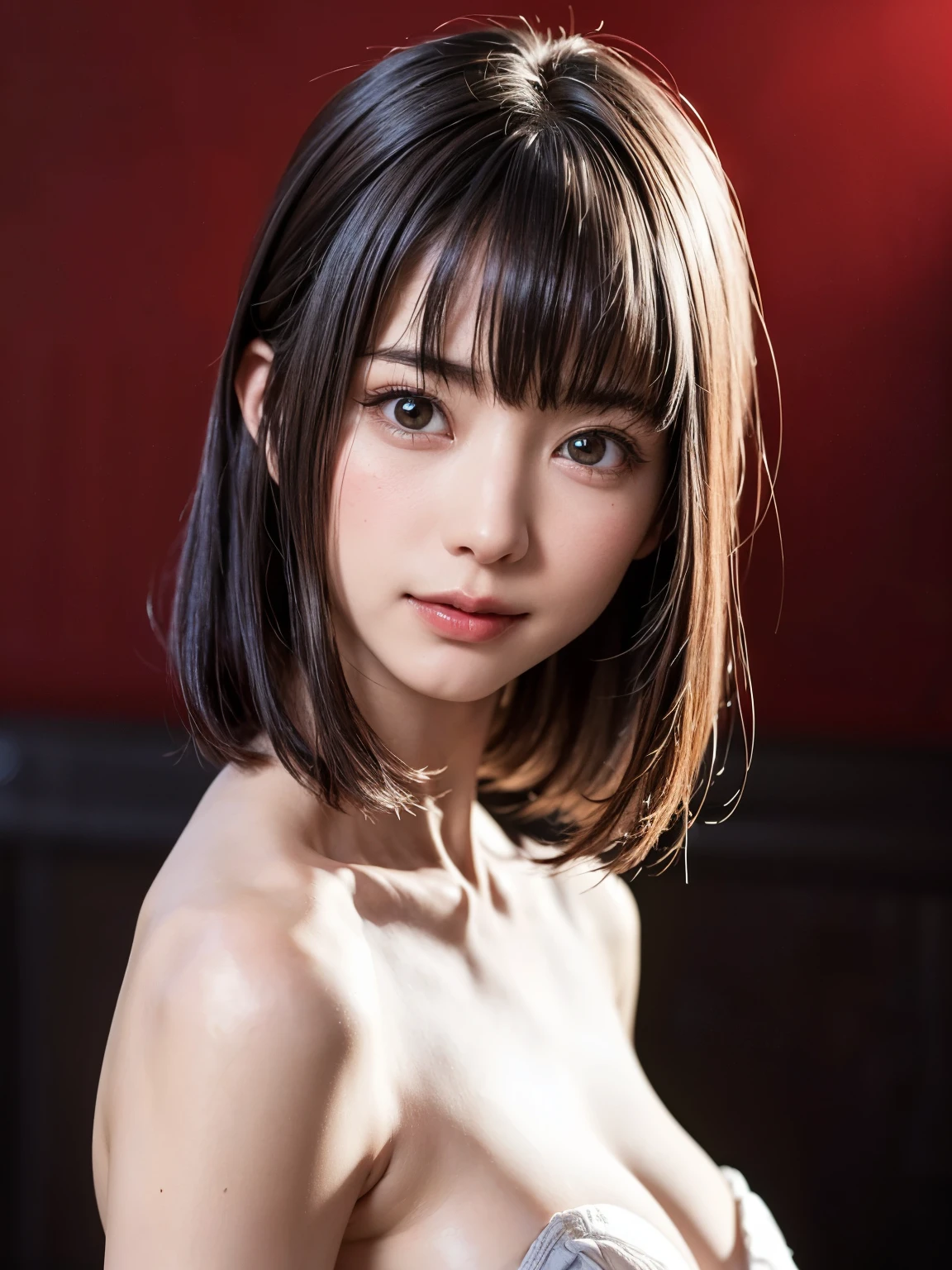 smile,((NSFW)),(Best Quality:1.2), Female dog,(Female organ:1.1),8k, Raw photo, Beautiful sexual woman, Cute beautiful girl,((Her naked lower body is visible、股間のFemale organが見えている:1.3))、((Small breasts:1.5))、((Short bob cut silver hair:1.5))、Blue LED light、 Cleavage、White skin、high tech、Ultra-high resolution、Night scene background、Beautiful Face、Professional Lighting、masterpiece、Very detailed and beautiful professional photography、Thighs、Waist、Angle from below