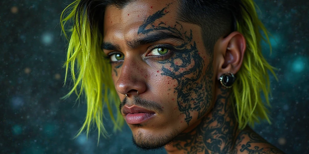 Male figure kneeling on lawn, Half and half blonde and brown hair, tattoos on your face, image depicting a good side and a bad side