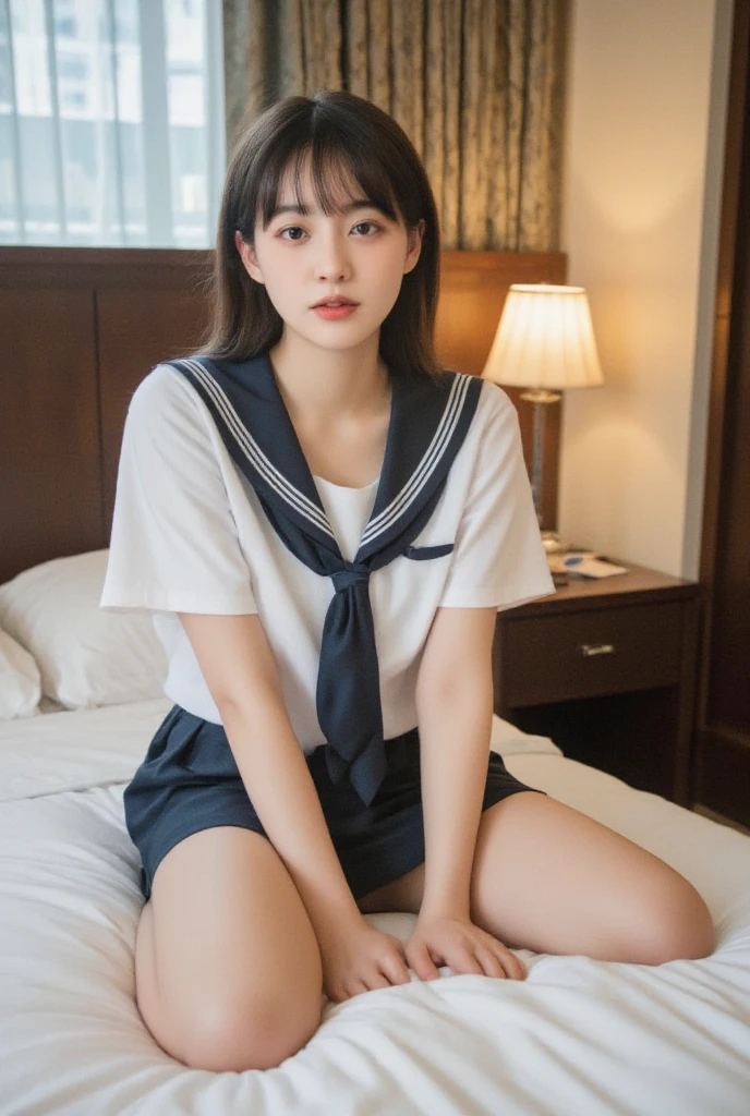 finely detail, hight resolution, hightquality、Perfect dynamic composition, Beautiful detailed eyes, Medium Hair, small tits、Natural Color Lip,Kamimei、Shibuya、20 years girl、1 persons、Transparent skin、Glowing hair、masutepiece, Best Quality, Ultra-detailed, finely detail, hight resolution, 8K、The correct state of the human body、Gravure Model Pose,Photographed with hair fluttering in the wind,The whole body is reflected((Bed background)),((Big tits:1.3)),((I can see the cleavage:1.5,Japanese school girl sailor uniform:1.5,My clothes are off and my panty is visible)),((wide open both legs,Raise your knees,lie on a bed))