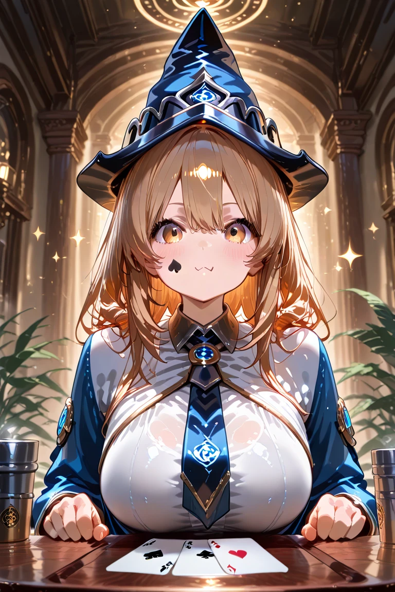 A beautiful alchemist girl with golden hair, brown eyes, and a large bust.
