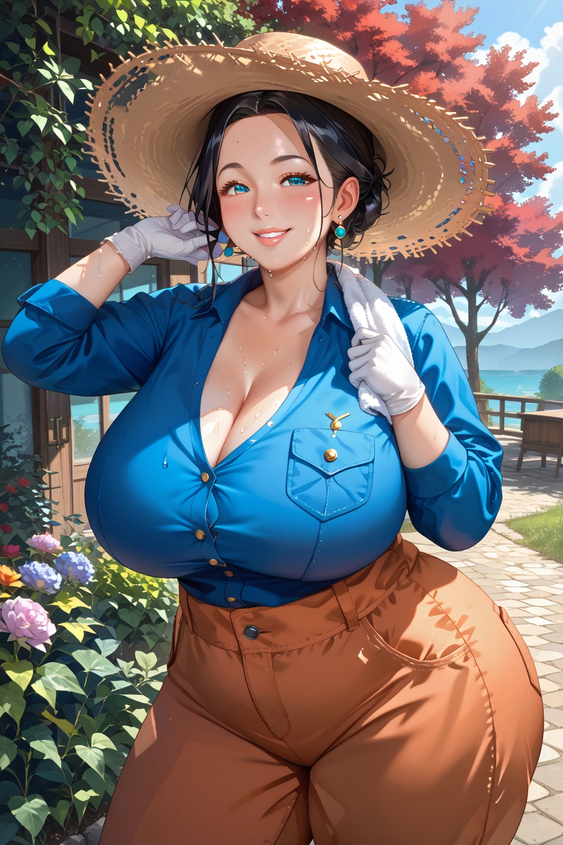 (masterpiece:1.2, Highest quality), (Realistic photos), Beautiful illustrations, (Natural side lighting, Cinema lighting),(1 person), Japanese, 20-year-old female, Perfect Face, Symmetrical cute face, Glowing Skin,Blonde Short Hair、Dark blue eyes, (Huge breasts:1.2), Slender build、Beautiful Hair, Beautiful Face, Fine and beautiful eyes, Beautiful body, Beautiful breasts,hat、(sundress)、smile、Blushing、walk、Country Road、Paddy field、blue sky、White cloud、Summer landscape