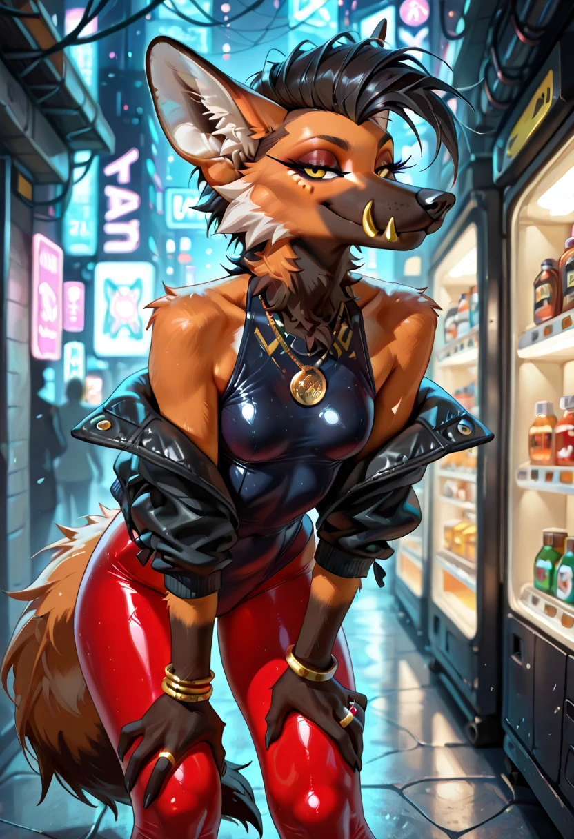 score_9, score_8_up, score_7_up, masterpiece, best quality, expressive eyes, perfect face, Dr_Zira, 1girl, solo, female, anthro, ape, curvy, voluptuous, dress, side slit, looking back at viewer, cowboy shot, red lipstick, eyeshadow, makeup, backlit, dynamic angle, dance club, neon lights, sitting, spread legs, pelvic curtain, ass, from behind, backless, big ass, ass grab, fur texture