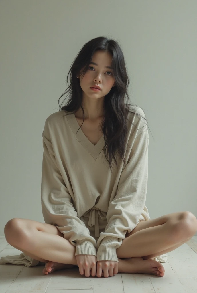 A korean girl with long weavy hair sits with her legs stretched out, taking a realistic photo